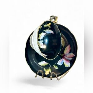Chugai China, Hand painted Black Floral Tea Cup-Saucer, Occupied Japan 1945-1952
